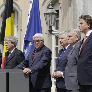 Les ministres des Affaires étrangères des six pays fondateurs de l'UE, réunis samedi à Berlin. [Keystone - Markus Schreiber]