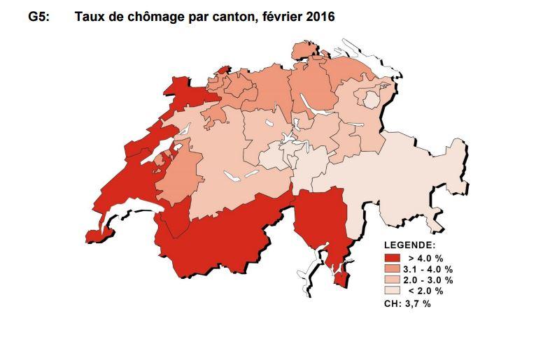 Taux de chômage par canton en février 2016. [Secrétariat d'Etat à l'économie SECO]