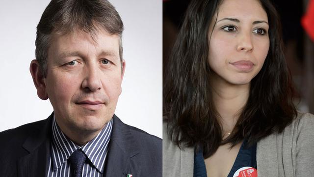 Raymond Clottu, conseiller national (UDC/NE) et Amanda Gavilanes, secrétaire générale romande du Groupe pour une Suisse sans armée (GSsA). [Keystone - Gaetan Bally - Martial Trezzini]