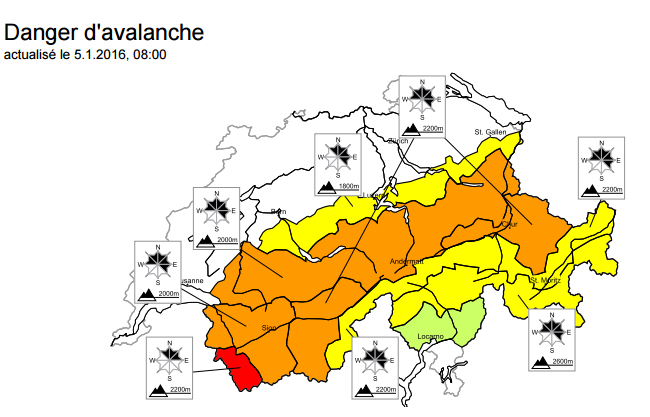 La carte du danger d'avalanche pour le 5 janvier 2016. [Institut pour l'étude de la neige et des avalanches (SLF)]