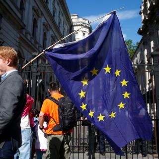 Un homme porte un drapeau européen devant Downing Street à Londres. [Reuters - Neil Hall]