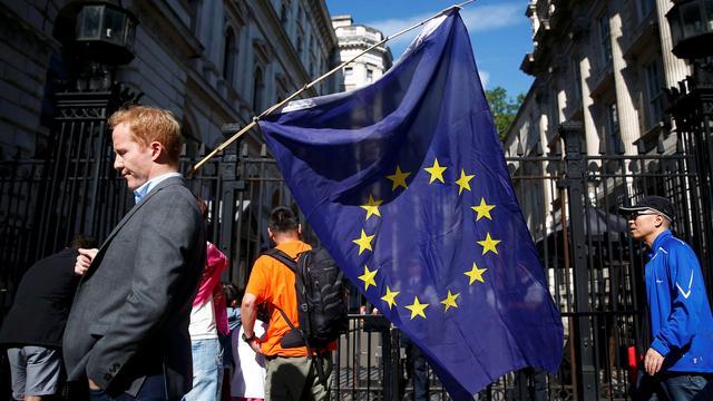 Un homme porte un drapeau européen devant Downing Street à Londres. [Reuters - Neil Hall]