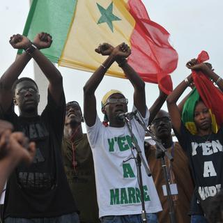 Les leaders du mouvement "Y'en a marre", lors d'un meeting contestataire. [AFP - Seyllou]
