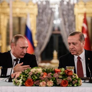 Le président russe Vladimir Poutine et son homologue turc Recep Tayyip Erdogan lors d'une conférence de presse à Istanbul en octobre 2016. [AFP - Ozan Kose]