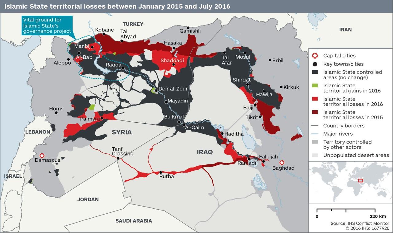 La carte de l'évolution du territoire dominé par l'Etat islamique. [IHS]