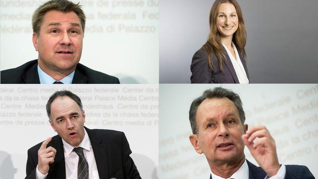 Toni Brunner (UDC), Adèle Thorens (Les Verts), Christophe Darbellay (PDC) et Philipp Müller (PLR), les quatre présidents de partis démissionnaires. [Keystone]