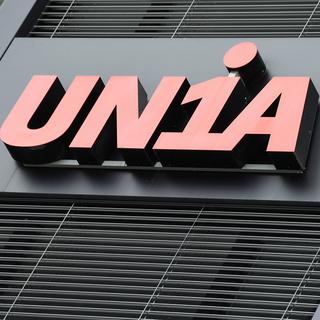Le logo d'Unia sur le bâtiment de la section Zurich-Schaffhouse. [Keystone - Walter Bieri]