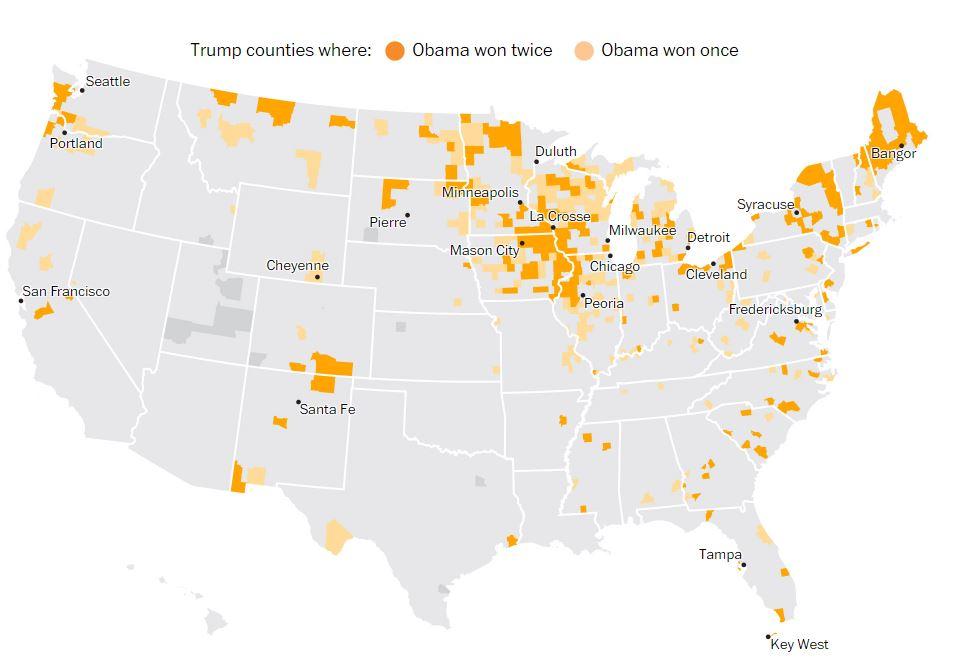 En foncé, les comtés qui ont élu Trump après avoir choisi deux fois Obama, en clair ceux qui ont voté Obama en 2008 ou 2012 avant d'opter pour Trump. [washingtonpost]