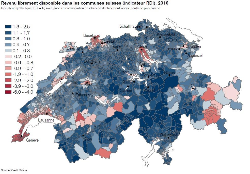 Carte du revenu librement disponible par commune suisse. [Credit Suisse]
