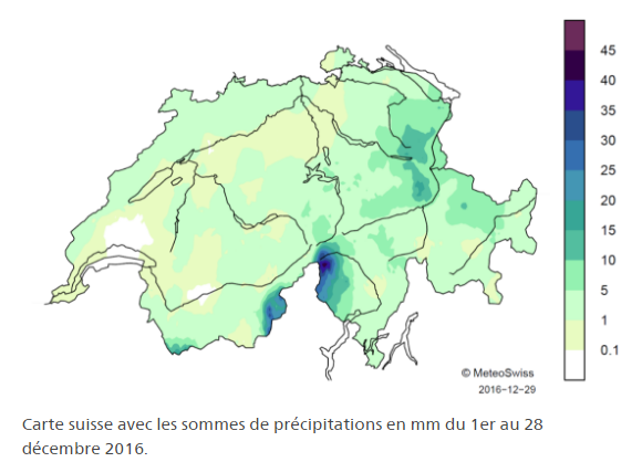 La carte des précipitations en décembre en Suisse. [MétéoSuisse]