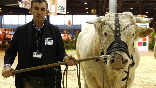 Un fermier et son taureau au Salon de l'agriculture à Paris. [Kenzo Tribouillard]