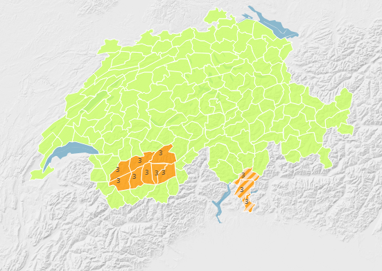 Les lieux concernés par l'alerte de niveau 3. [MétéoSuisse]