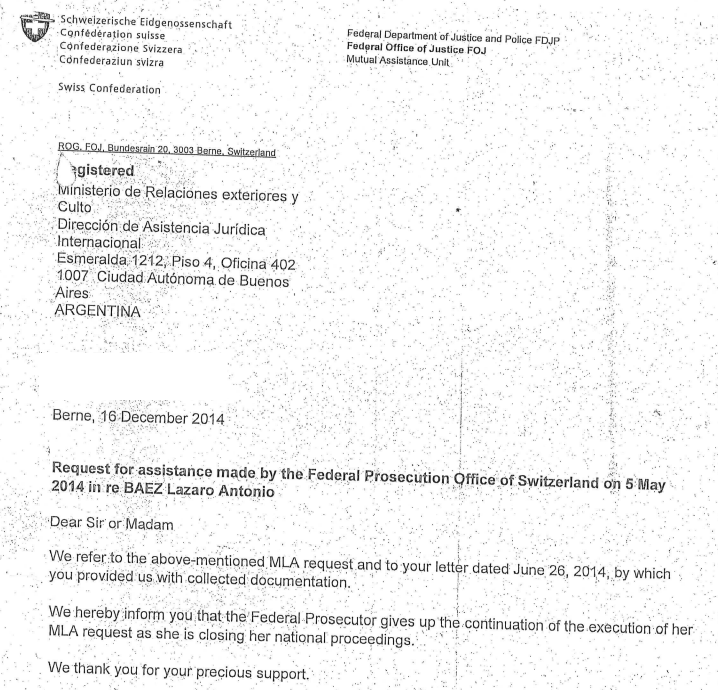 L'Office fédéral de la justice (OFJ) avait averti la justice argentine de l'abandon de l'enquête du MPC.