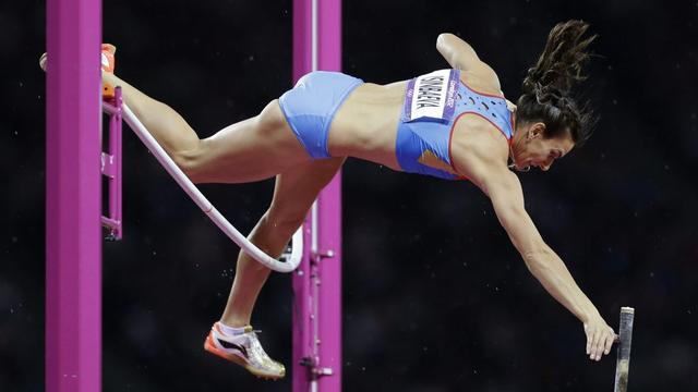La Russe Elena Isinbayeva, double championne olympique. [Keystone - Lee Jin-man]
