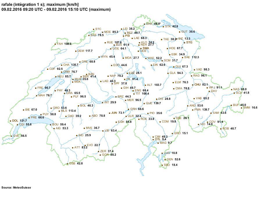 La carte des maximums de vents sur la Suisse romande le mardi 9 février 2016, entre 9h20 et 15h10.