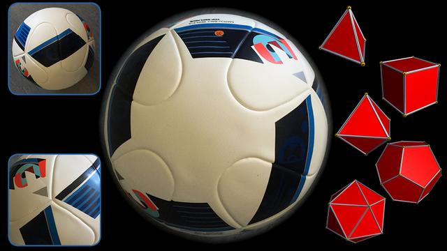 Le ballon de l'Euro 2016, quelques détails de sa structure et les 5 polyèdres réguliers: (de haut en bas) le tétraèdre, le cube, l'octaèdre, le dodécaèdre et l'icosaèdre. [Robert Webb avec Stella software - Mathscope]