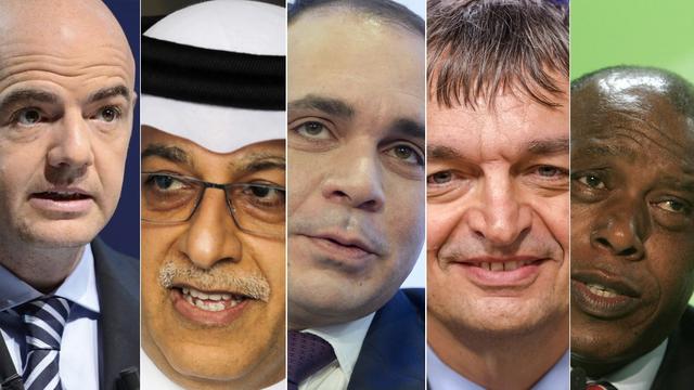 Infantino (à g.) affronte 4 autres candidats: Al Khalifa, Ali, Champagne et Sexwale. [M.Schmid/H.Jamali/M.Trezzini/G.VWijngaert/M.Schreiber]