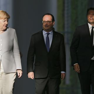 Angela Merkel, François Hollande et Matteo Renzi (de g. à d.) lors d'une rencontre à Berlin en juin 2016. [Keystone - Markus Schreiber]