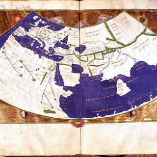 Carte de l'astronome grec Claudius Ptolemaeus (90-168 ap. JC) qui représente la Terre plate sans les pôles Nord et Sud. [AFP - Luisa Ricciarini]