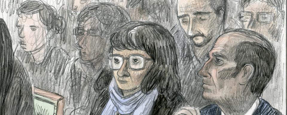 Un dessin montre les parents et le compagnon d'Adeline lors de l'ouverture du procès de Fabrice A. devant le Tribunal criminel de Genève, le 3 octobre 2016. [KEYSTONE - Frederic Bott]