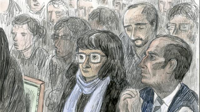 Un dessin montre les parents et le compagnon d'Adeline lors de l'ouverture du procès de Fabrice A. devant le Tribunal criminel de Genève, le 3 octobre 2016. [KEYSTONE - Frederic Bott]