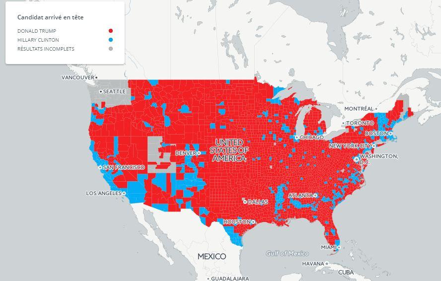 En rouge, les comtés qui ont choisi Trump et en bleu ceux qui ont voté pour Clinton. [francetvinfo]