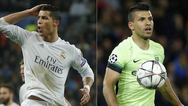 Cristiano Ronaldo et Sergio Aguero porteront les epsoirs du Real et de City. [Keystone - P.White/Y.Valat]