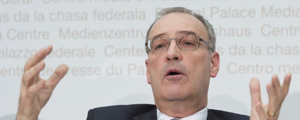 Le conseiller fédéral Guy Parmelin lors de la conférence de presse de ce mercredi. [Keystone - Lukas Lehmann]