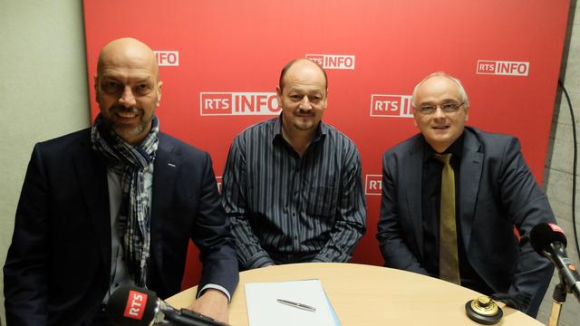 Roberto Bernasconi (PS), Patrick Gsteiger (Parti Evangelique), , Pierre-Alain Schnegg (UDC). [RTS - Alain Arnaud]