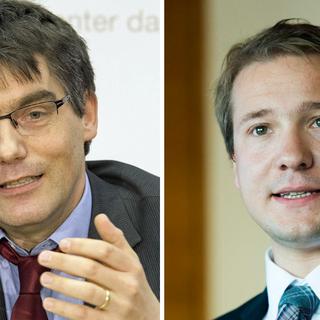 Les conseillers nationaux Roger Nordmann (PS-VD) et Philippe Nantermod (PLR-VS). [key - Lukas Lehmann/Jean-Christophe Bott]