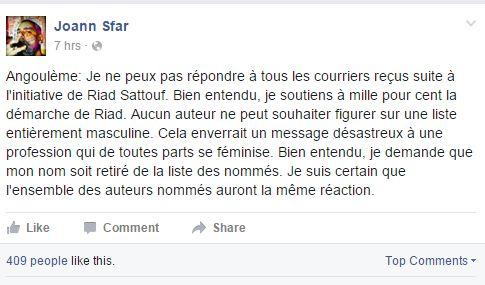 La publication de Joann Sfar sur Facebook. [Facebook]