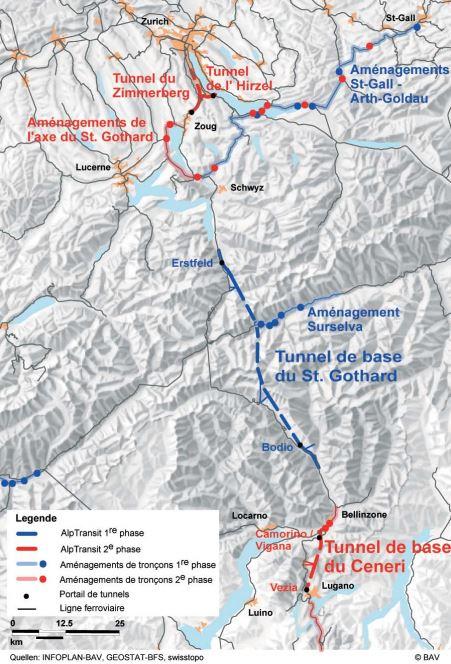 L'axe du St-Gothard dans les nouvelles lignes ferroviaires à travers les Alpes (NLFA). [OFFICE FÉDÉRAL DES TRANSPORTS]