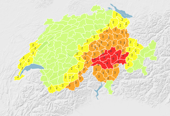 La carte des dangers de MétéoSuisse.