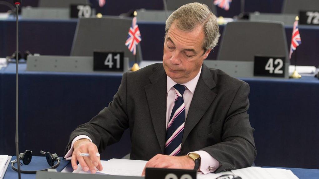 Nigel Farage, l'ancien leader de la formation Ukip, au Parlement européen à Strasbourg. [KEYSTONE - PATRICK SEEGER]