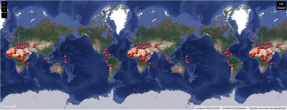 Les 55 biens inscrits sur la liste du patrimoine mondial en péril. [Imagerie Nasa 2016/Unesco]