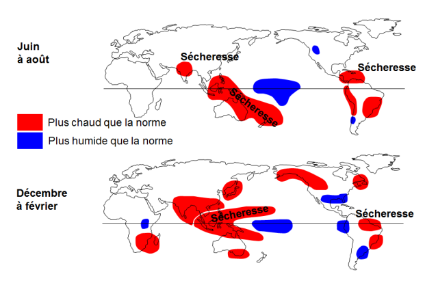 Les anomalies climatiques causées par El Niño (source: MétéoSuisse).