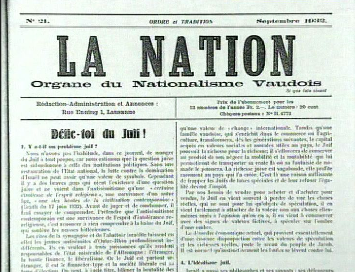 Article du journal La Nation, du groupe Ordre et Tradition fondé par Marcel Regamey, 1932. [RTS]