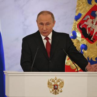Le discours de Vladimir Poutine devant la Douma et le Conseil de la Fédération réunis en Parlement. [EPA/Keystone - Yuri Kochetkov]