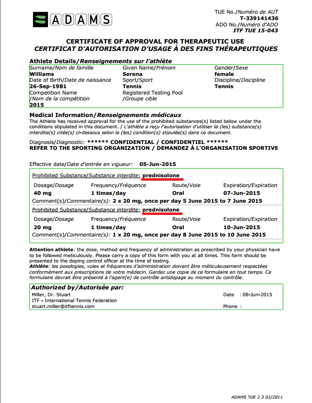 L'autorisation thérapeutique de Serena Williams datée du 5 juin 2015, la veille de la finale de Roland Garros.