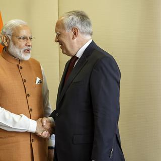 Le Premier ministre indien Narendra Modi et le conseiller fédéral Johann Schneider-Ammann. [Keystone - Salvatore Di Nolfi]