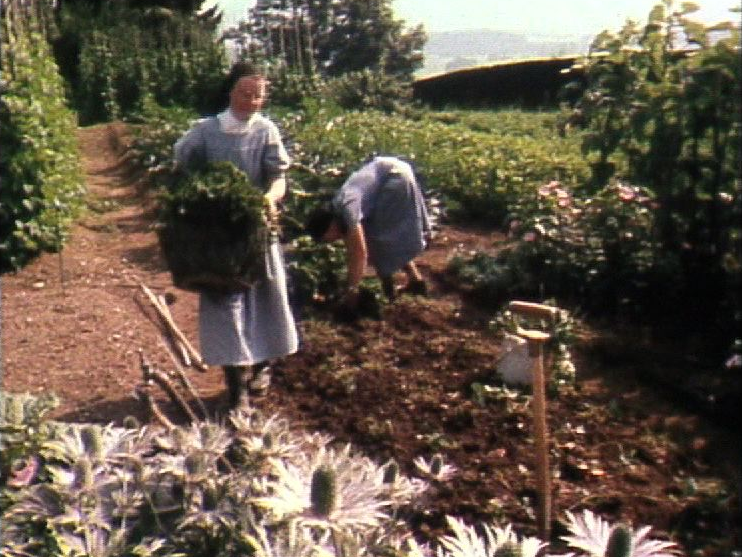 Religieuses du Carmel du Pâquier au jardin, 1982. [RTS]