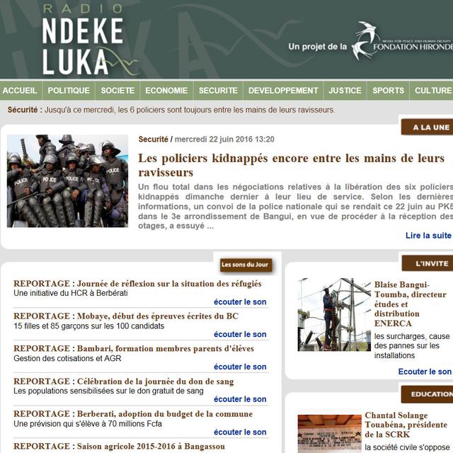 Page d'accueil du site de la Radio Ndeke Luka. [radiondekeluka.org/]