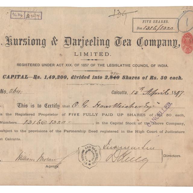 Un papier-valeur de 1847 de la "Kursiong & Darjeeling Tea Company". [wertpapierwelt.ch]