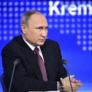 Vladimir Poutine pendant sa conférence de presse annuelle à Moscou, ce 23 décembre 2016. [Alexei Nikolsky, Sputnik, Kremlin Pool Photo via AP]
