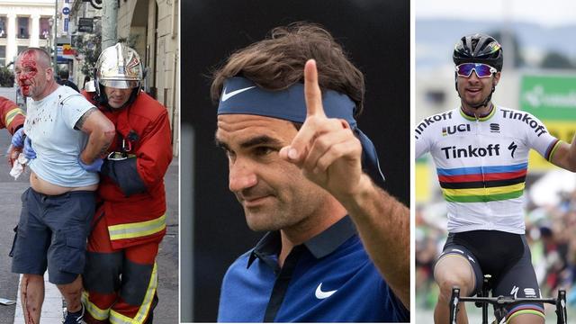 Le top-3 du dimanche 12 juin: l'Euro et les violences à Marseille, Roger Federer et Peter Sagan. [M.Murat/G.Ehrenzeller/D.Bandic]