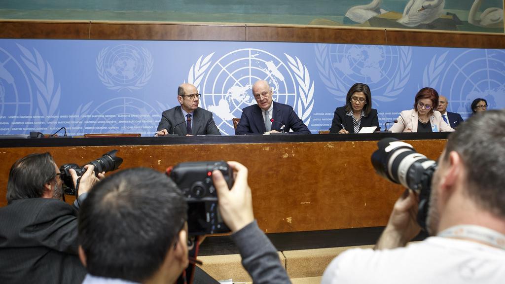L'émissaire de l'ONU pour la Syrie, Staffan de Mistura, lors d'une conférence de presse. [Salvatore Di Nolfi]