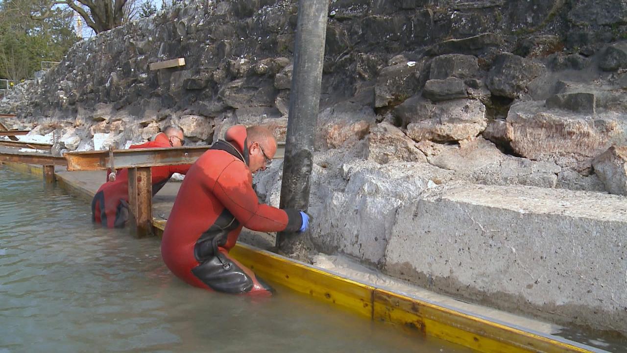 La baisse du niveau du lac permet notamment de renforcer les rives.