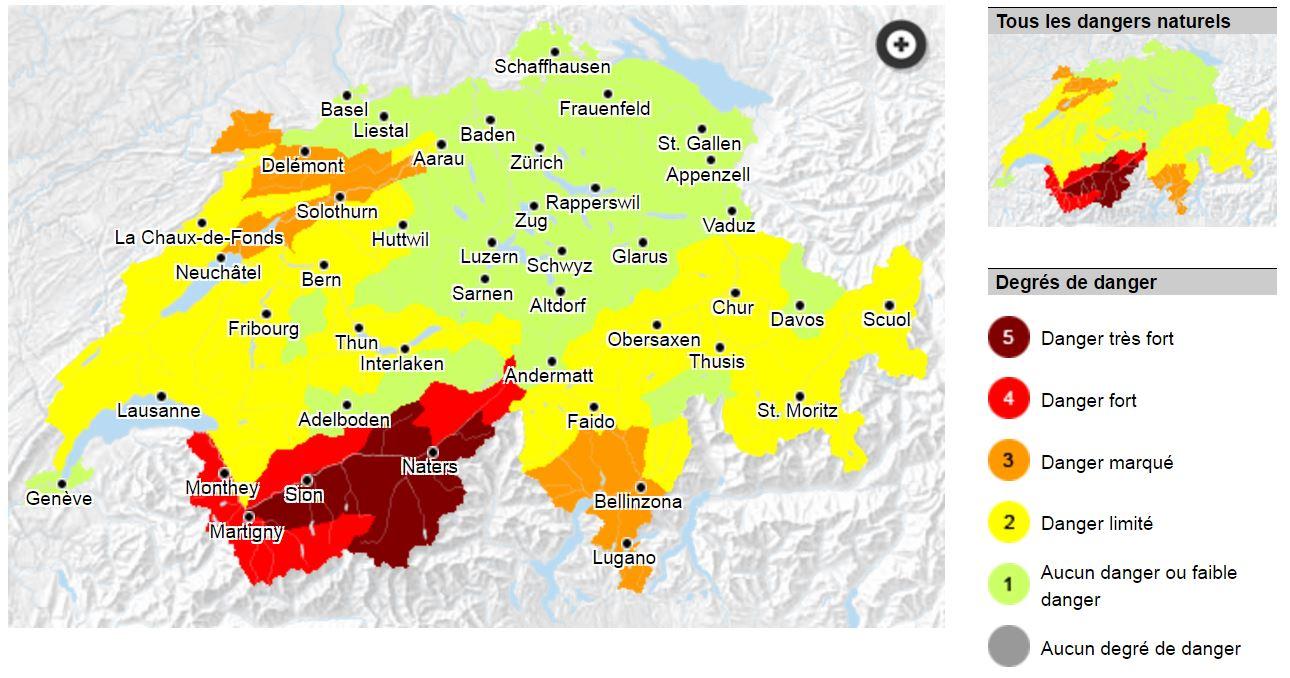 Danger actuel d’incendies de forêt pour la Suisse, carte mise à jour le 1er septembre. [MétéoSuisse - dangers-naturels.ch/]