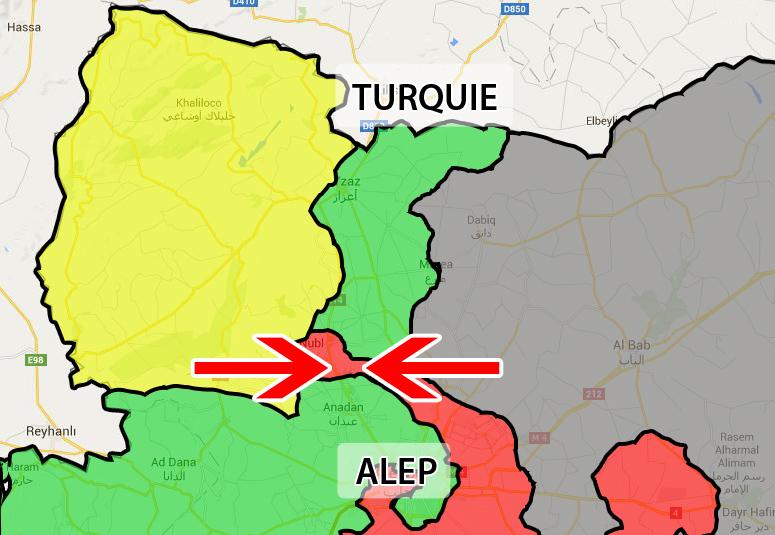 En rejoignant deux fronts, les forces fidèles au régime (rouge) ont récemment coupé la route d'approvisionnement vers la Turquie des rebelles (vert), resserrant l'étau autour d'Alep. (En jaune les Kurdes, en noir le groupe Etat islamique) [Renfer, Marc (RTS)]