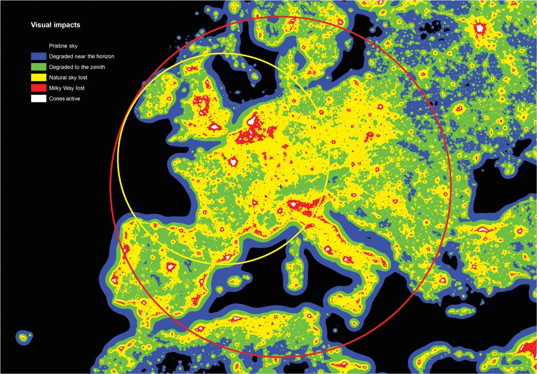 Carte de la pollution lumineuse en Europe. [http://advances.sciencemag.org/]